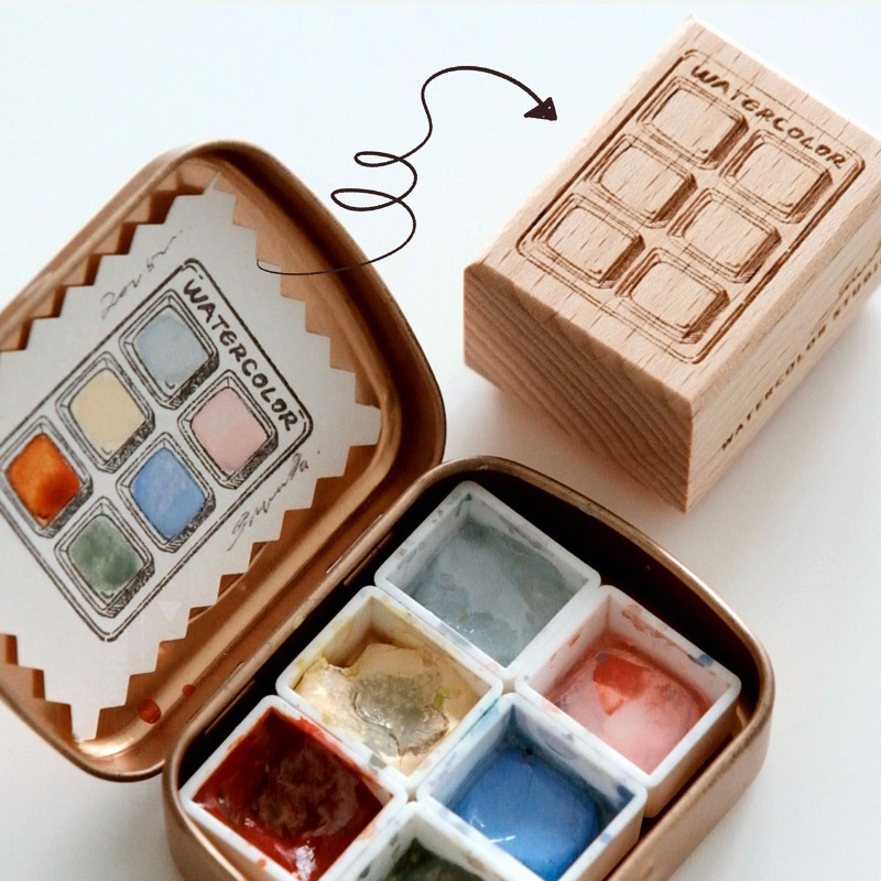 Tools Qa - 6-Fach Aquarell-Farbkarte Holzstempel Farbmuster Siegel Schüler-Kunstbedarf